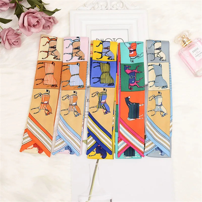 Horse Motif Skinny Ribbon Scarf with Printed Designs