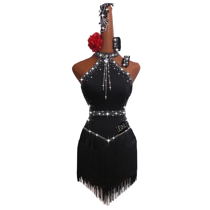 High Collar Rhinestone Fringe Latin Dance Dress with Custom Size Options