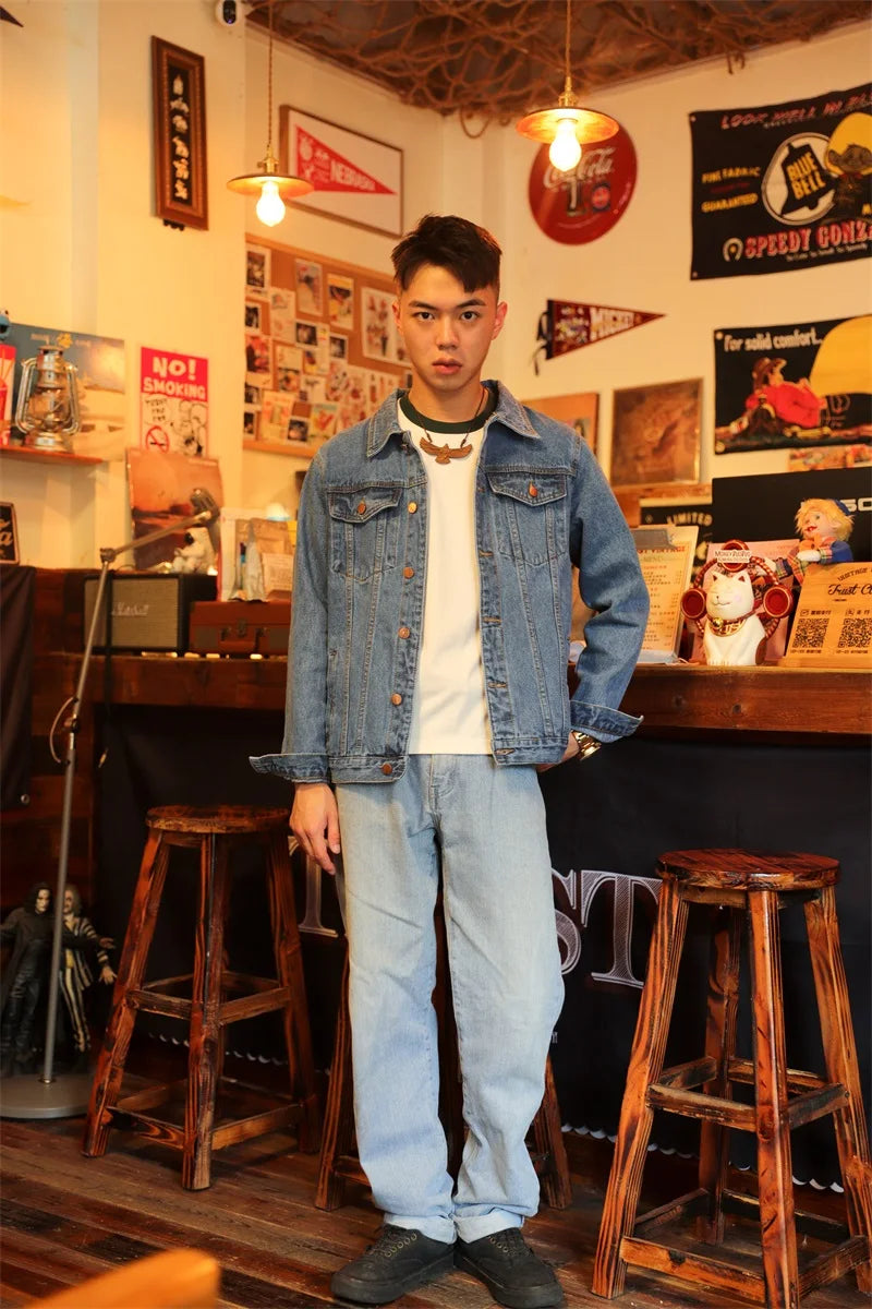 Men's Fashion Plus Size Light Blue Denim Trucker Jacket Outwear Oversized Jean Jacket