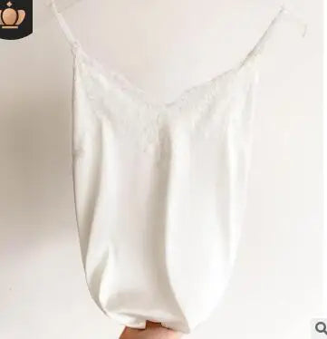 Women's Lace Trim Satin Polyester Camisole with Thin Straps and V Neck