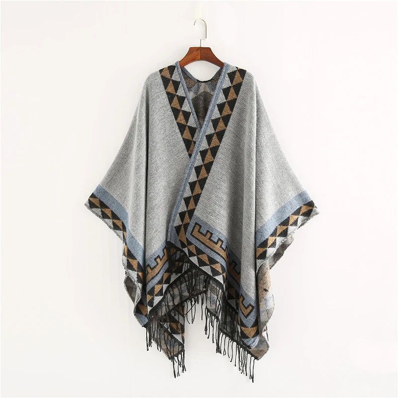 Geometric Pattern Fringed Poncho for Layering over Outfits