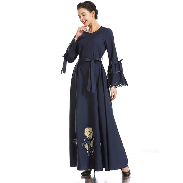 Abayas National Style Maxi Dresses For Women Embroidery Fashion Round Neck Flared Sleeve Hollow Out Design Long Vestidos Muslim