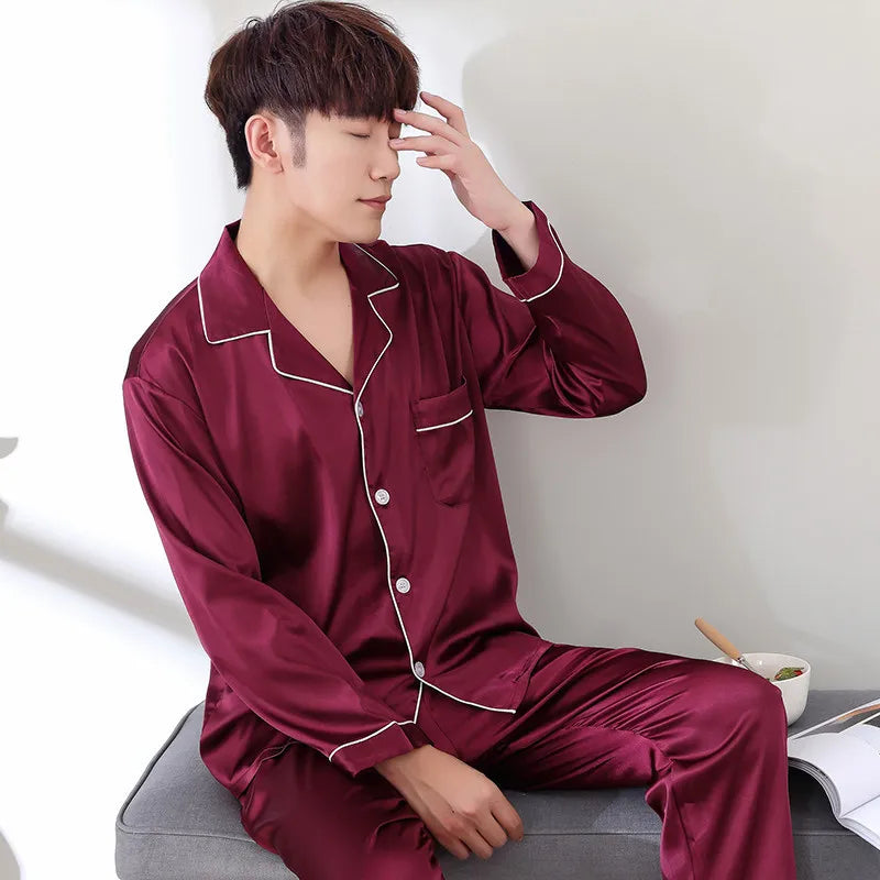 Men's Satin Look Button Front Shirt and Pants Pajama Set
