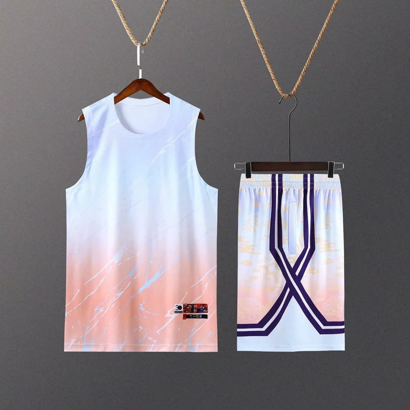 Kids Mens Custom Basketball Jersey Set Gradient Print Quick Dry Vest and Shorts Personalized Uniform