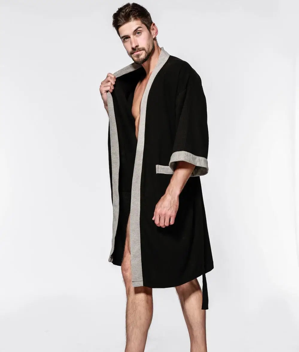 Waffle V Neck Contrast Trim Tie Waist Bathrobe with Pockets