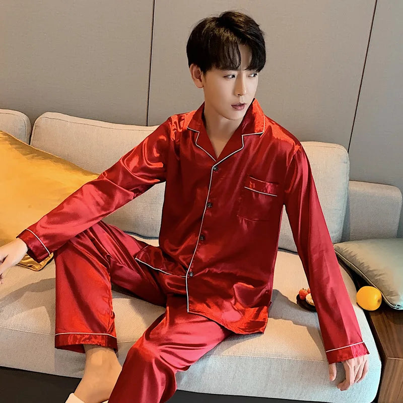 Men's Satin Look Button Front Shirt and Pants Pajama Set