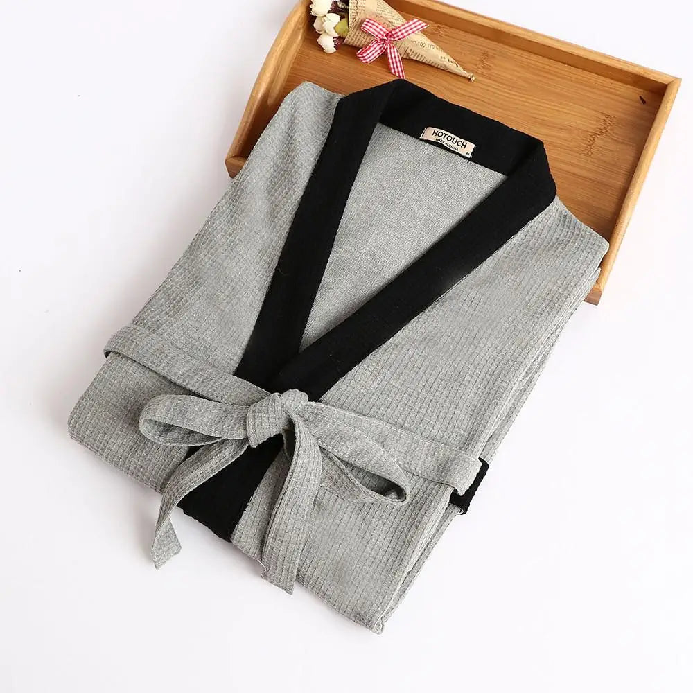Waffle V Neck Contrast Trim Tie Waist Bathrobe with Pockets
