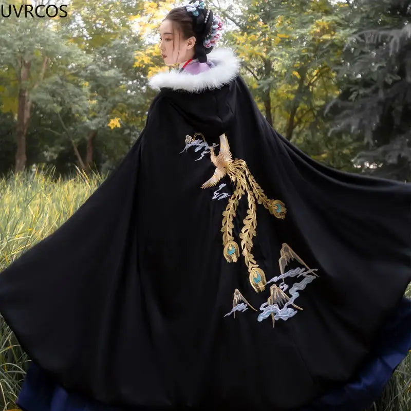 Embroidered Hooded Trim Cape for Layering over Outfits