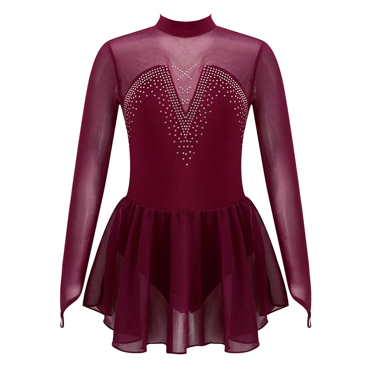 Girls' Long Sleeve Ballet Dress with Rhinestone Mesh and Tulle Skirt