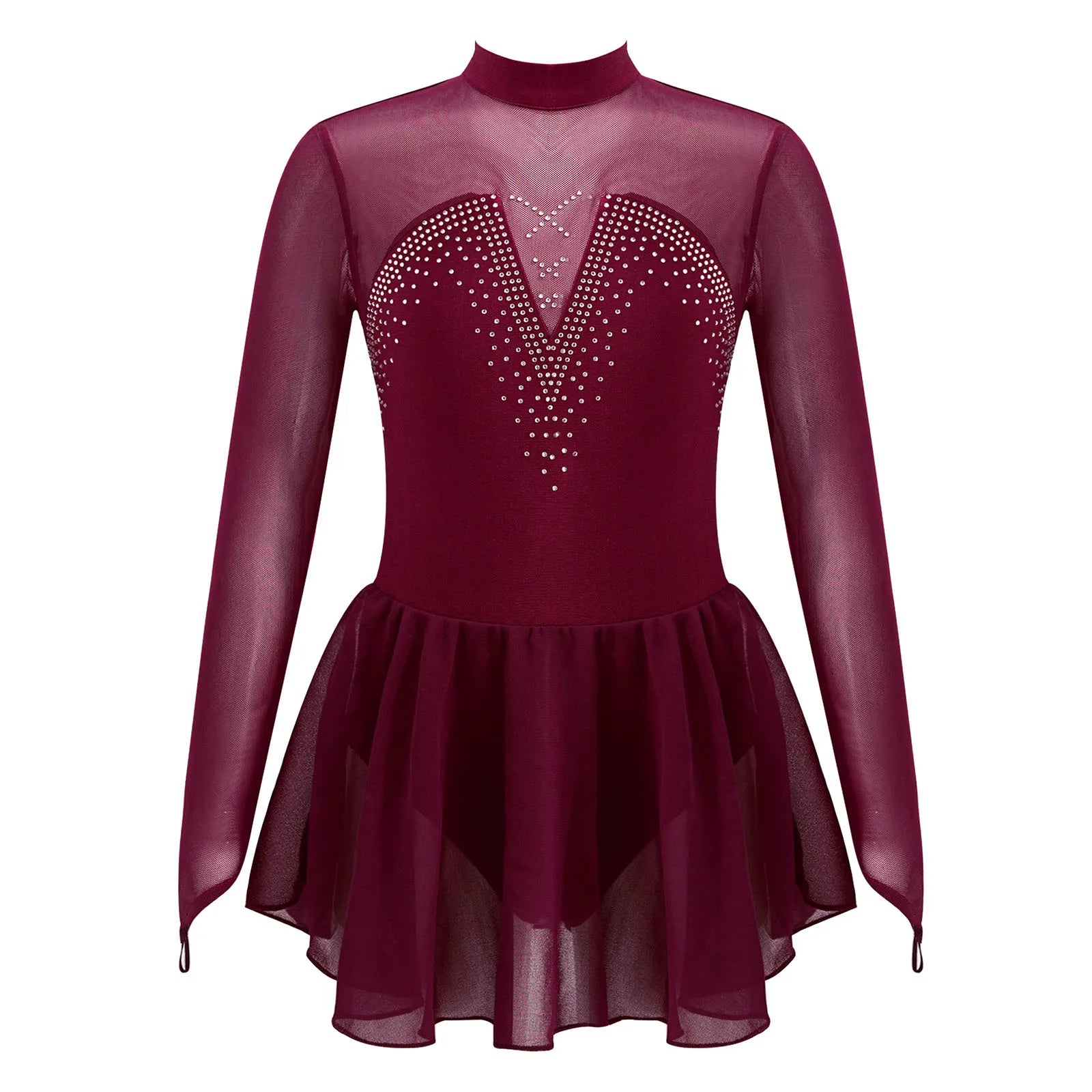 Girls' Long Sleeve Ballet Dress with Rhinestone Mesh and Tulle Skirt