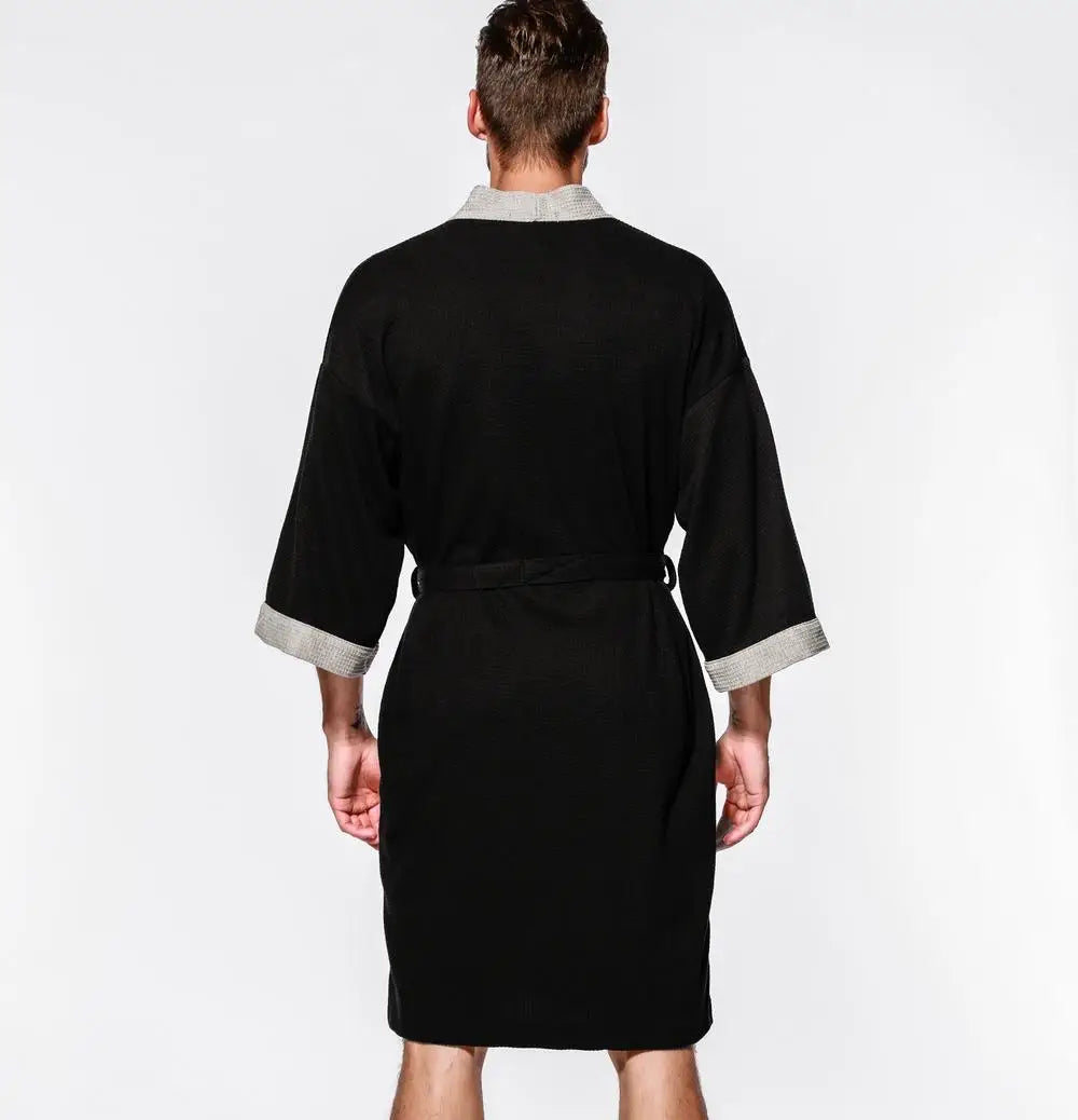 Waffle V Neck Contrast Trim Tie Waist Bathrobe with Pockets