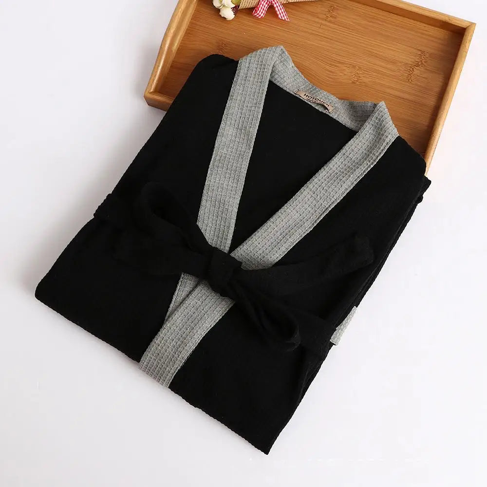 Waffle V Neck Contrast Trim Tie Waist Bathrobe with Pockets