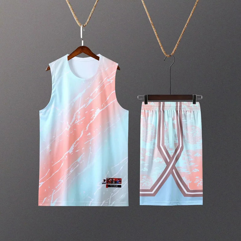 Kids Mens Custom Basketball Jersey Set Gradient Print Quick Dry Vest and Shorts Personalized Uniform