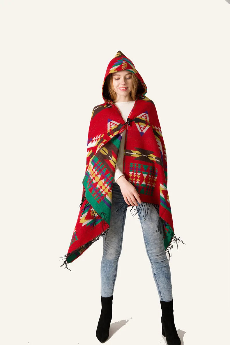 Hooded Geometric Fringe Poncho for Layering over Outfits