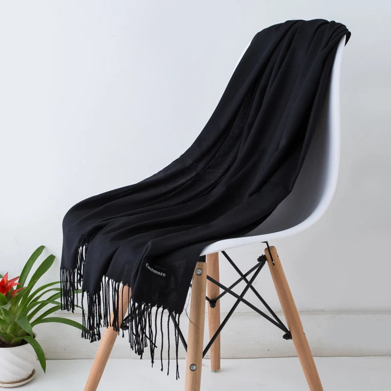 Solid Long Scarf with Decorative Fringed End Trim