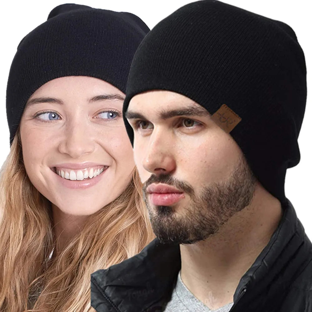 Solid Knit Beanie with Small Patch and Folded Edge