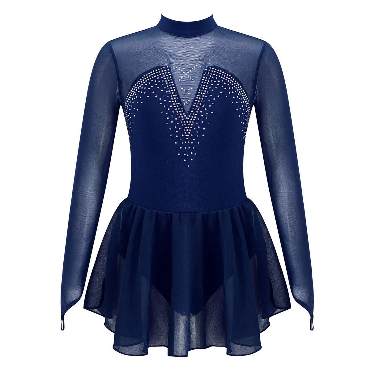 Girls' Long Sleeve Ballet Dress with Rhinestone Mesh and Tulle Skirt