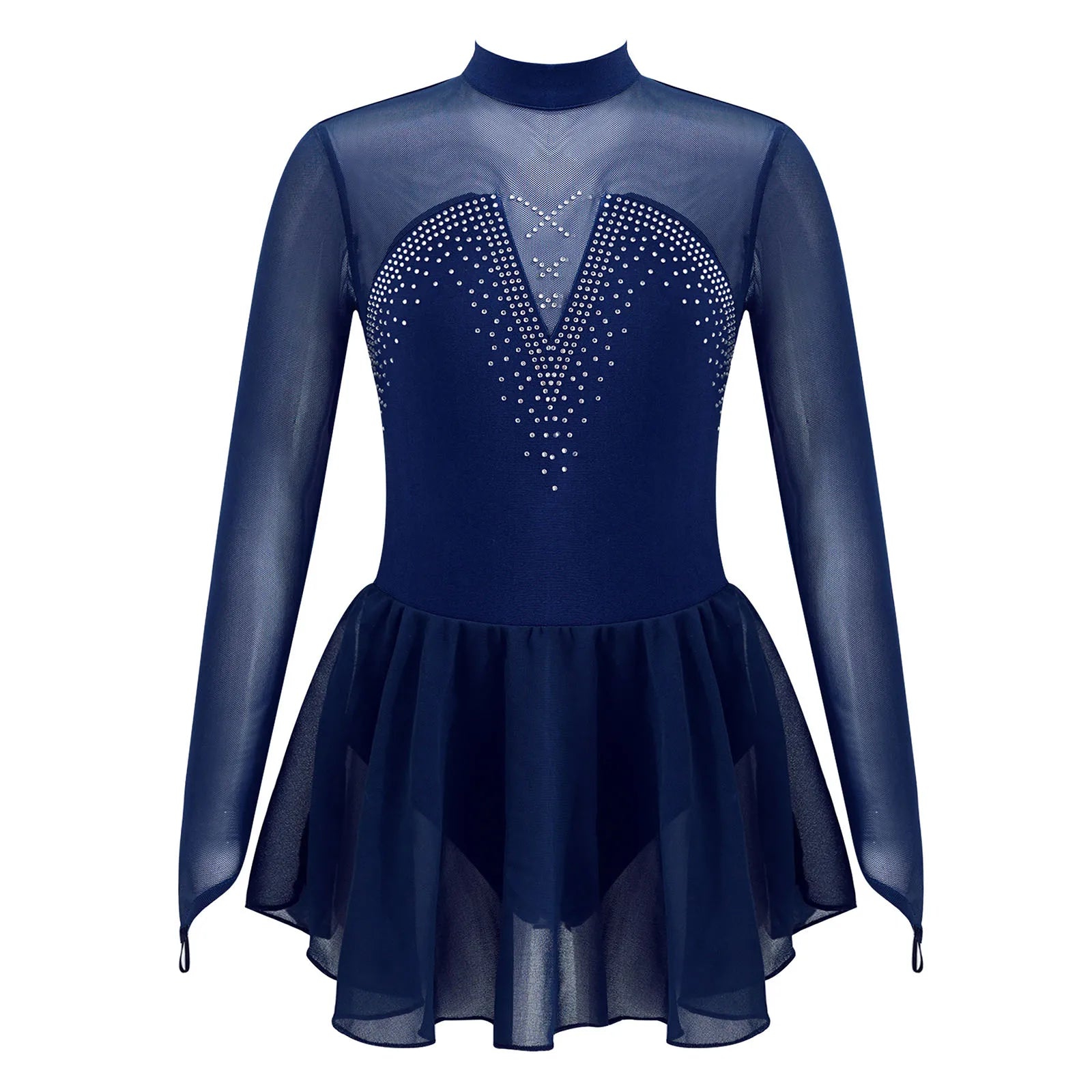 Girls' Long Sleeve Ballet Dress with Rhinestone Mesh and Tulle Skirt