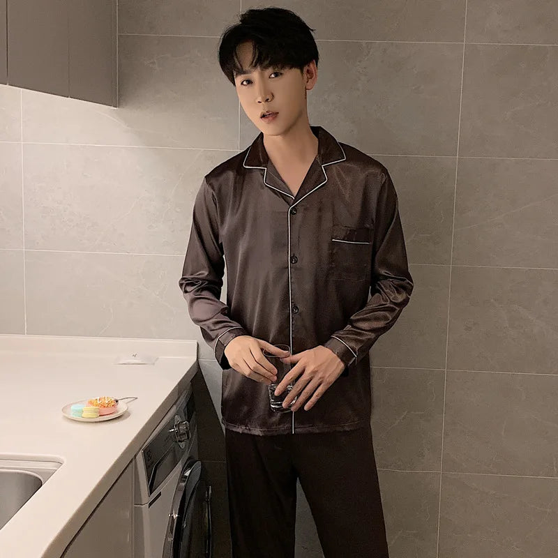 Men's Satin Look Button Front Shirt and Pants Pajama Set