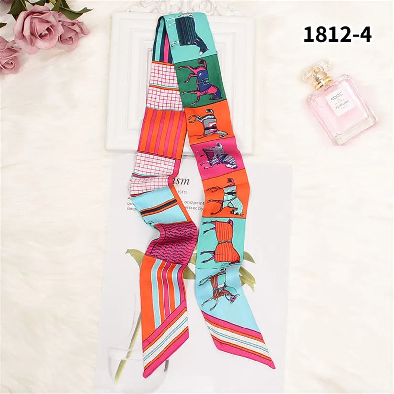 Horse Motif Skinny Ribbon Scarf with Printed Designs