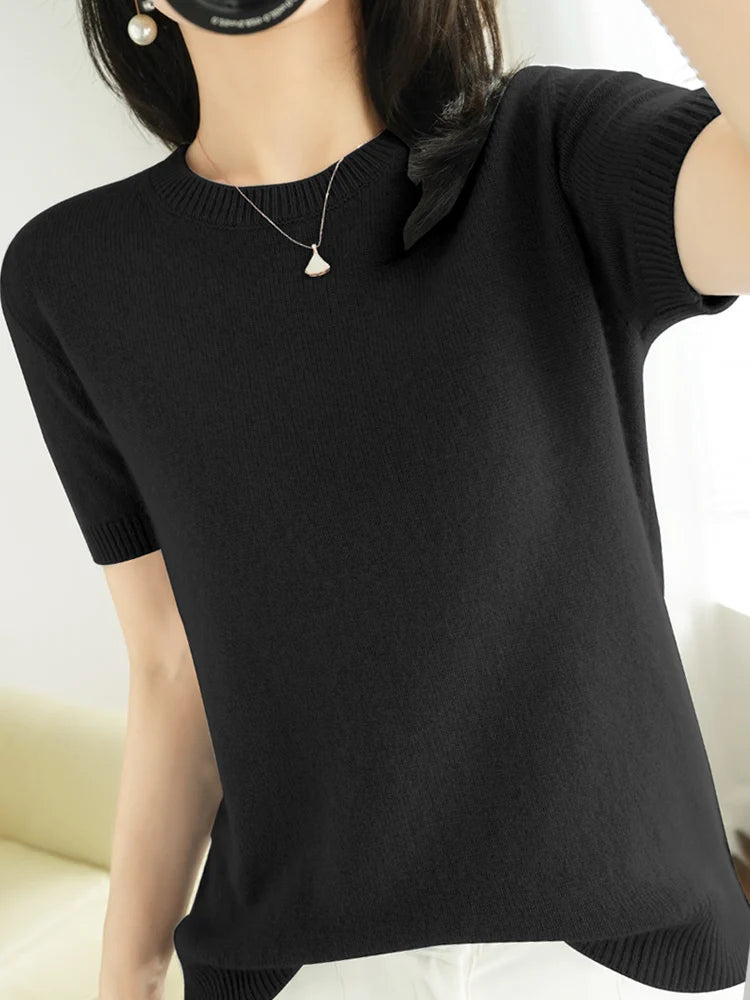 Women's Crew Neck Short Sleeve Sweater Casual Knit Layer