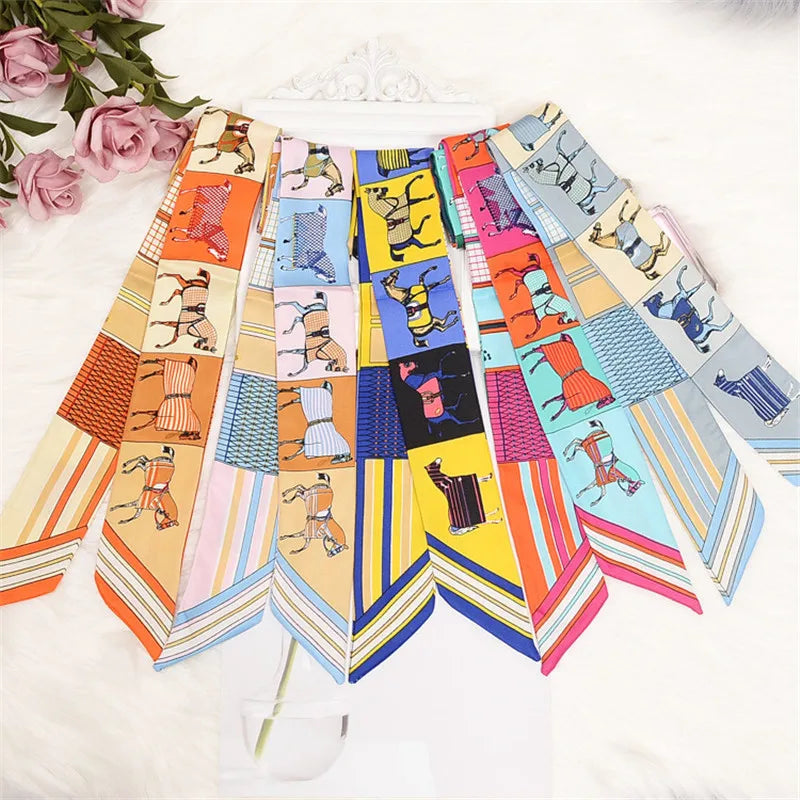 Horse Motif Skinny Ribbon Scarf with Printed Designs