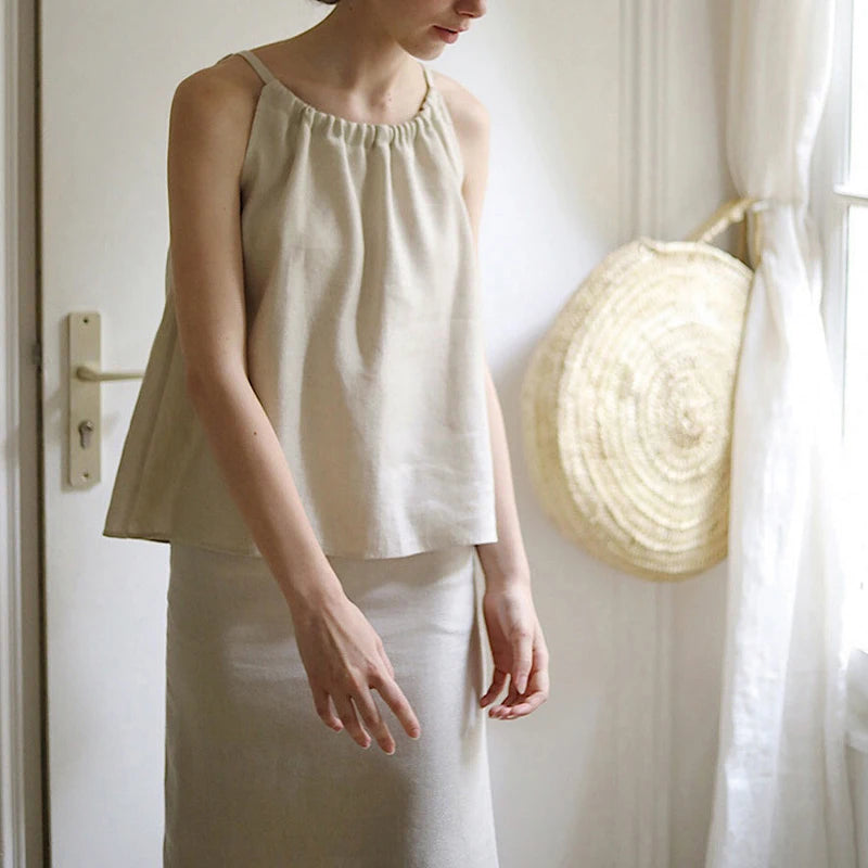 Women's Linen Sleeveless Tank Top with Gathered Neckline for Casual Summer Outfits