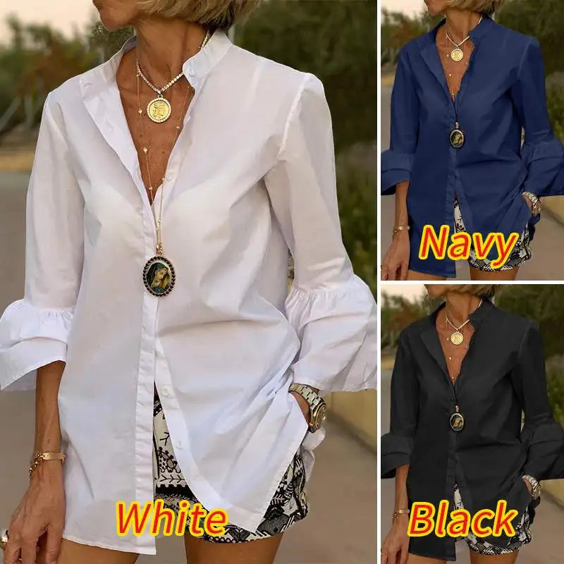 Women's Split Neck Blouse with Flared Three Quarter Sleeves