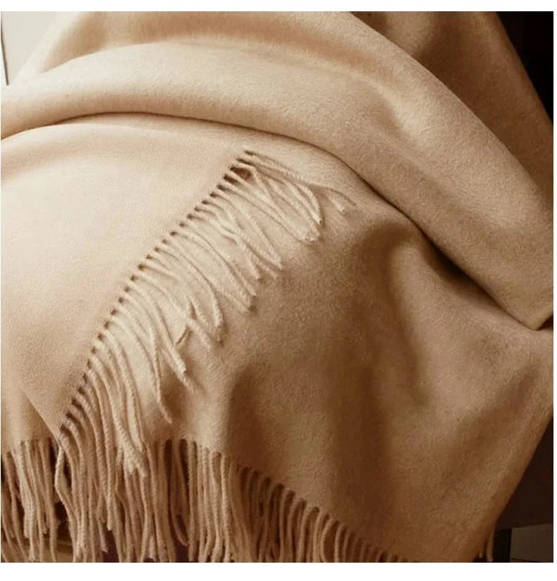 Solid Long Wool Scarf with Decorative Fringed Ends