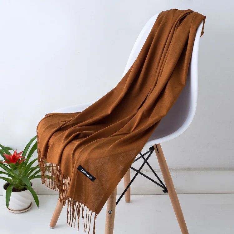 Solid Long Scarf with Decorative Fringed End Trim