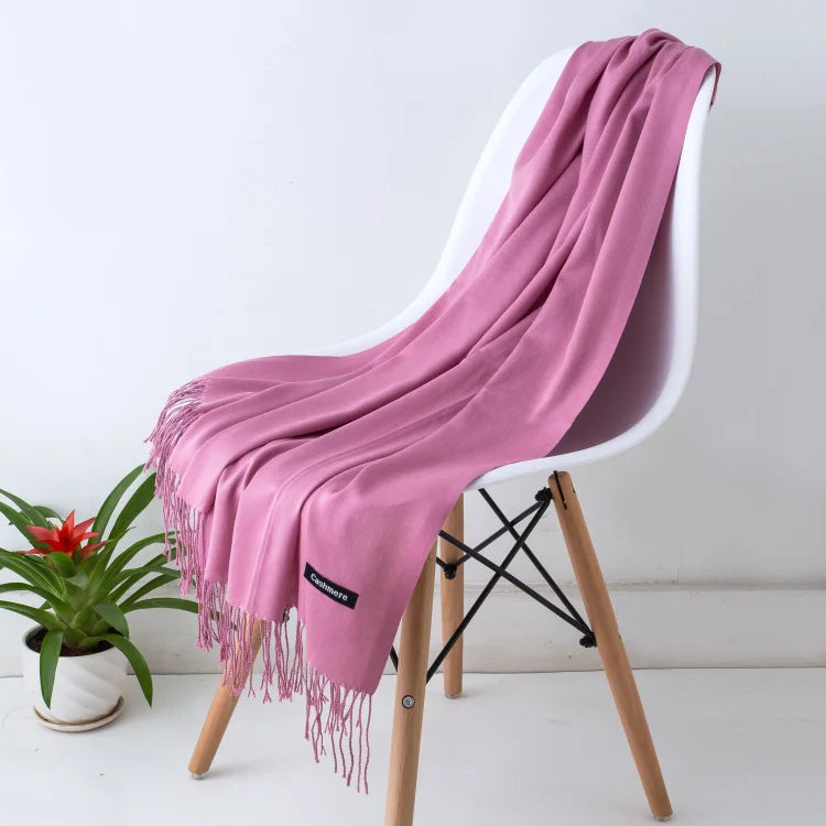 Solid Long Scarf with Decorative Fringed End Trim