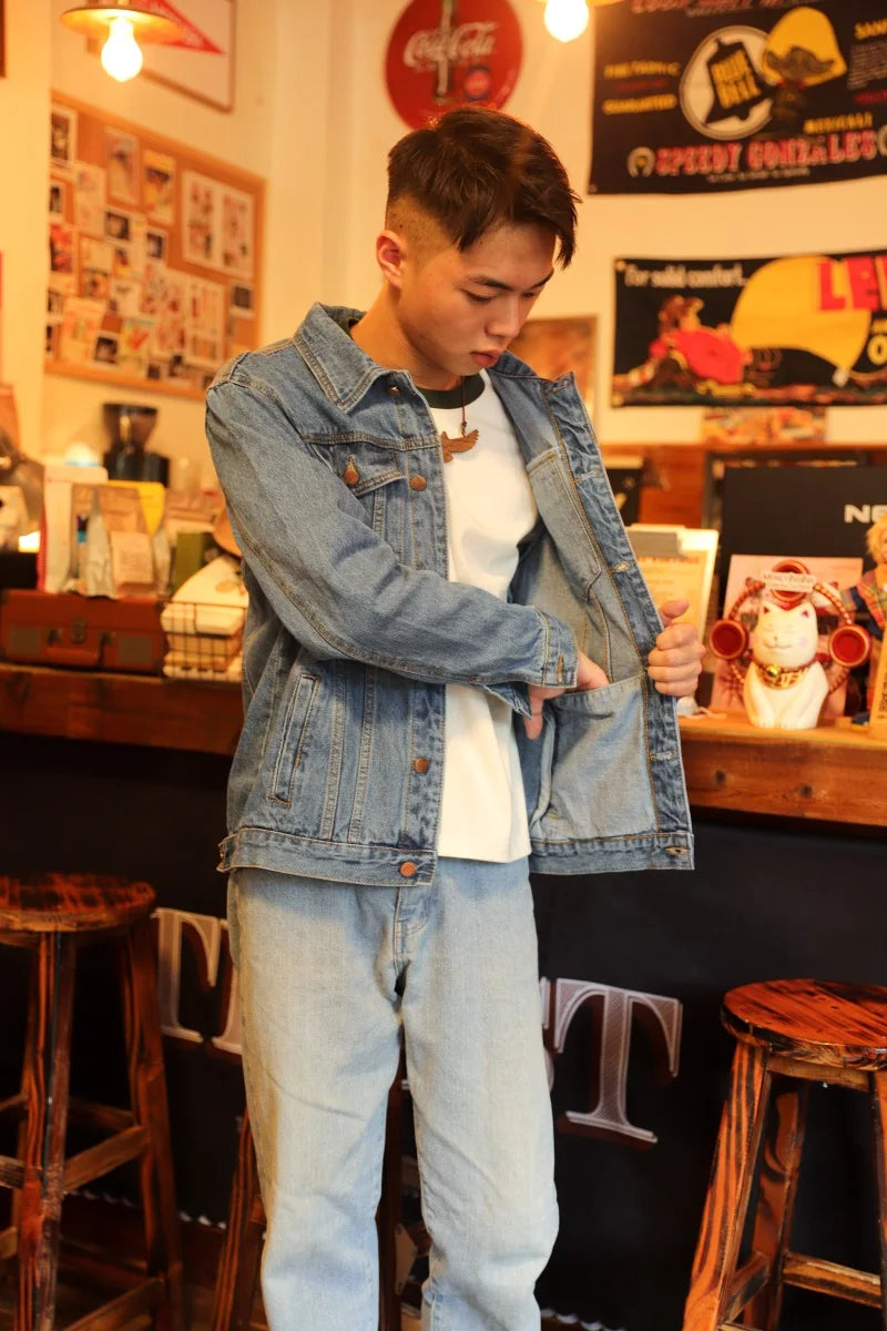 Men's Fashion Plus Size Light Blue Denim Trucker Jacket Outwear Oversized Jean Jacket