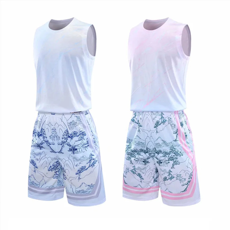 Kids Mens Custom Basketball Jersey Set Gradient Print Quick Dry Vest and Shorts Personalized Uniform