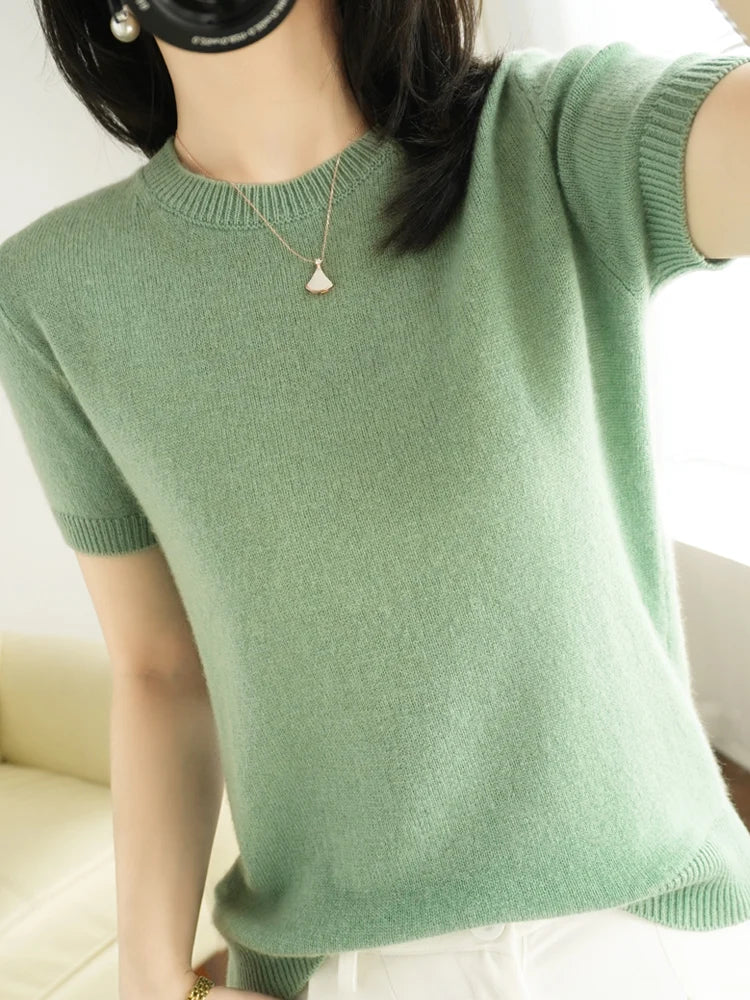 Women's Crew Neck Short Sleeve Sweater Casual Knit Layer