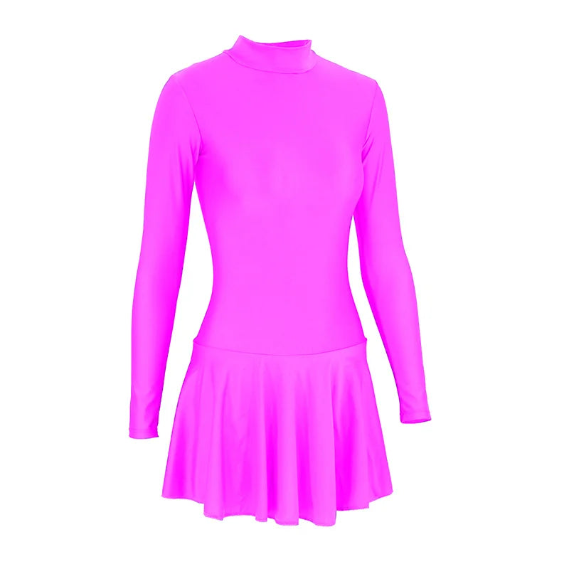 Women's Long Sleeve Skirted Ballet Leotard with Round Neck and Back Zipper