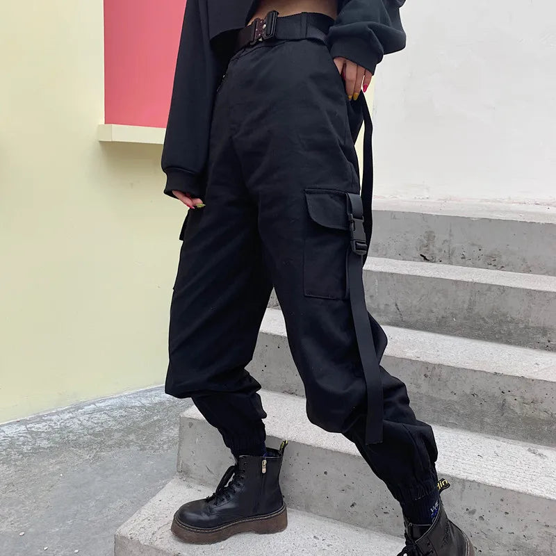 Women's Black Cargo Joggers with Straps and Elastic Ankle Cuffs