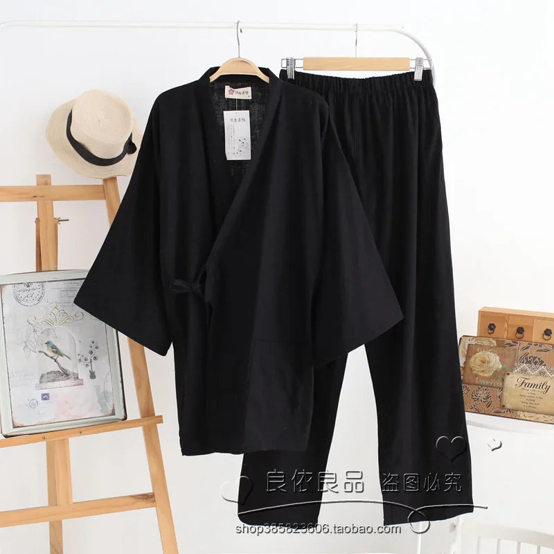 Men's Kimono Style Tie Front Top and Pants Pajama Set