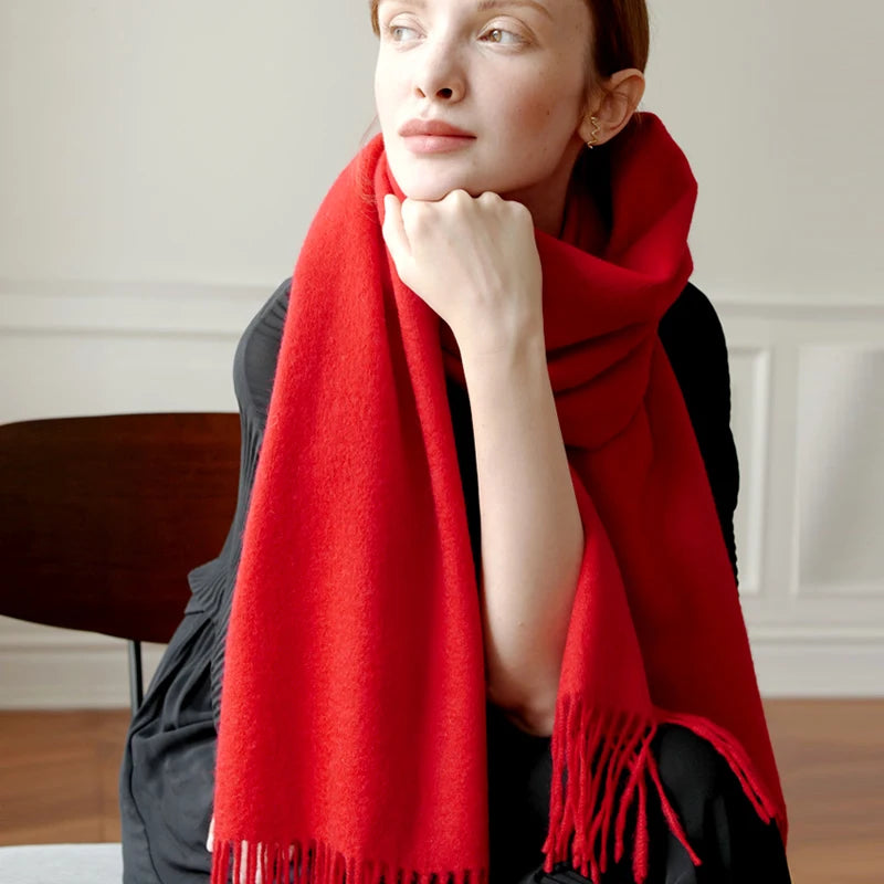 Solid Long Wool Scarf with Decorative Fringed Ends