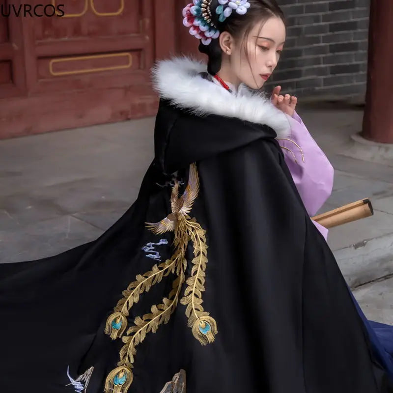 Embroidered Hooded Trim Cape for Layering over Outfits
