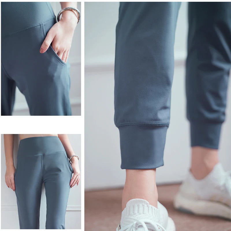 Women's High Waist Nylon Blend Workout Pants with Cuffed Ankles and Pockets