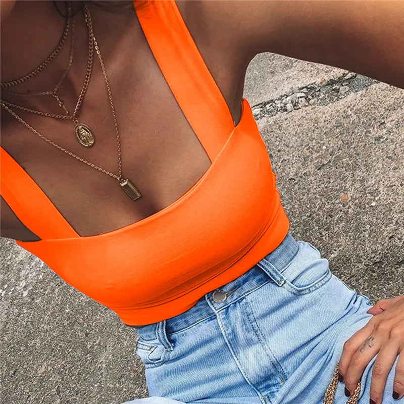 Women's Square Neck Polyester Blend Crop Tank Top with Wide Straps