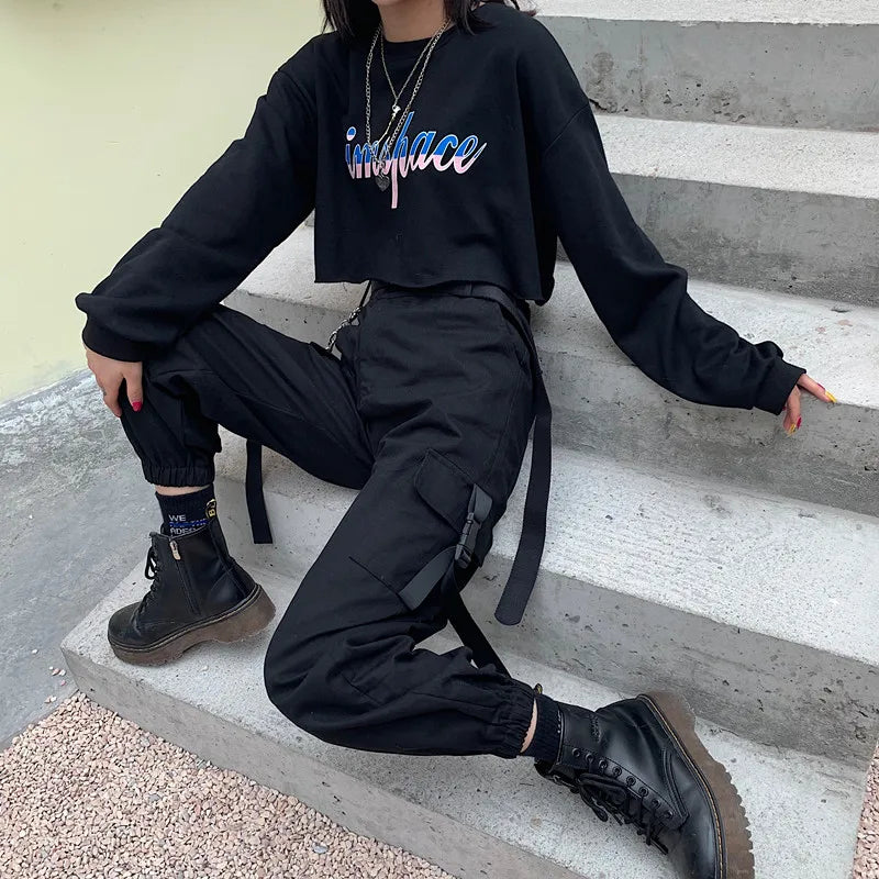 Women's Black Cargo Joggers with Straps and Elastic Ankle Cuffs