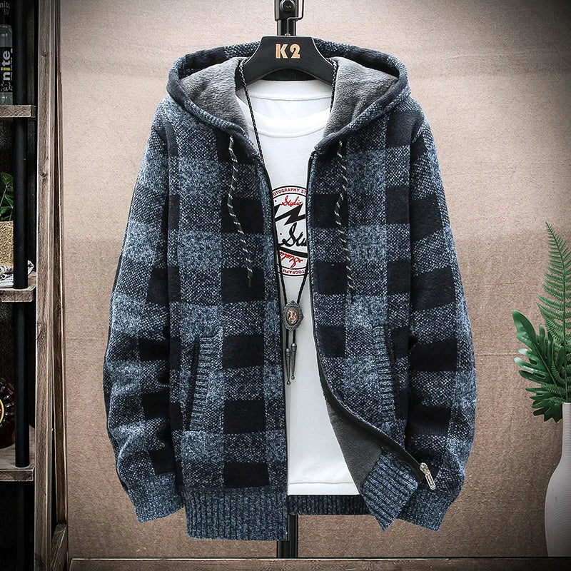 Men's Checked Hooded Zip Front Knit Cardigan