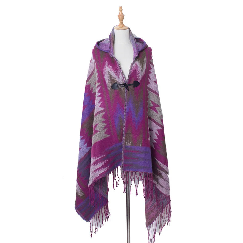 Hooded Geometric Fringe Poncho for Layering over Outfits