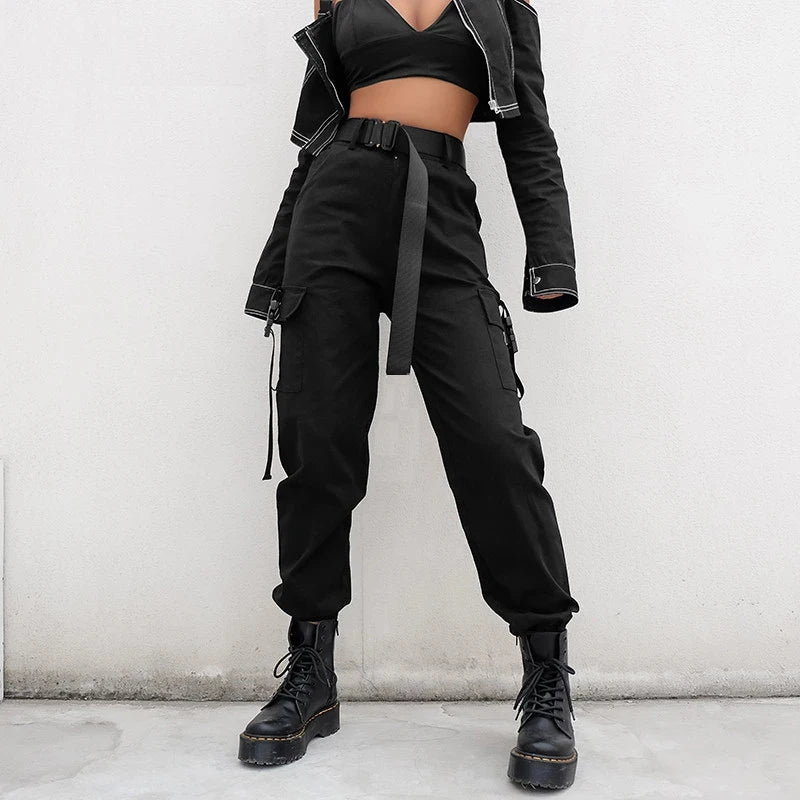 Women's Black Cargo Joggers with Straps and Elastic Ankle Cuffs