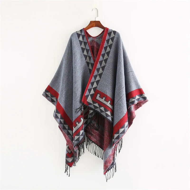 Geometric Pattern Fringed Poncho for Layering over Outfits