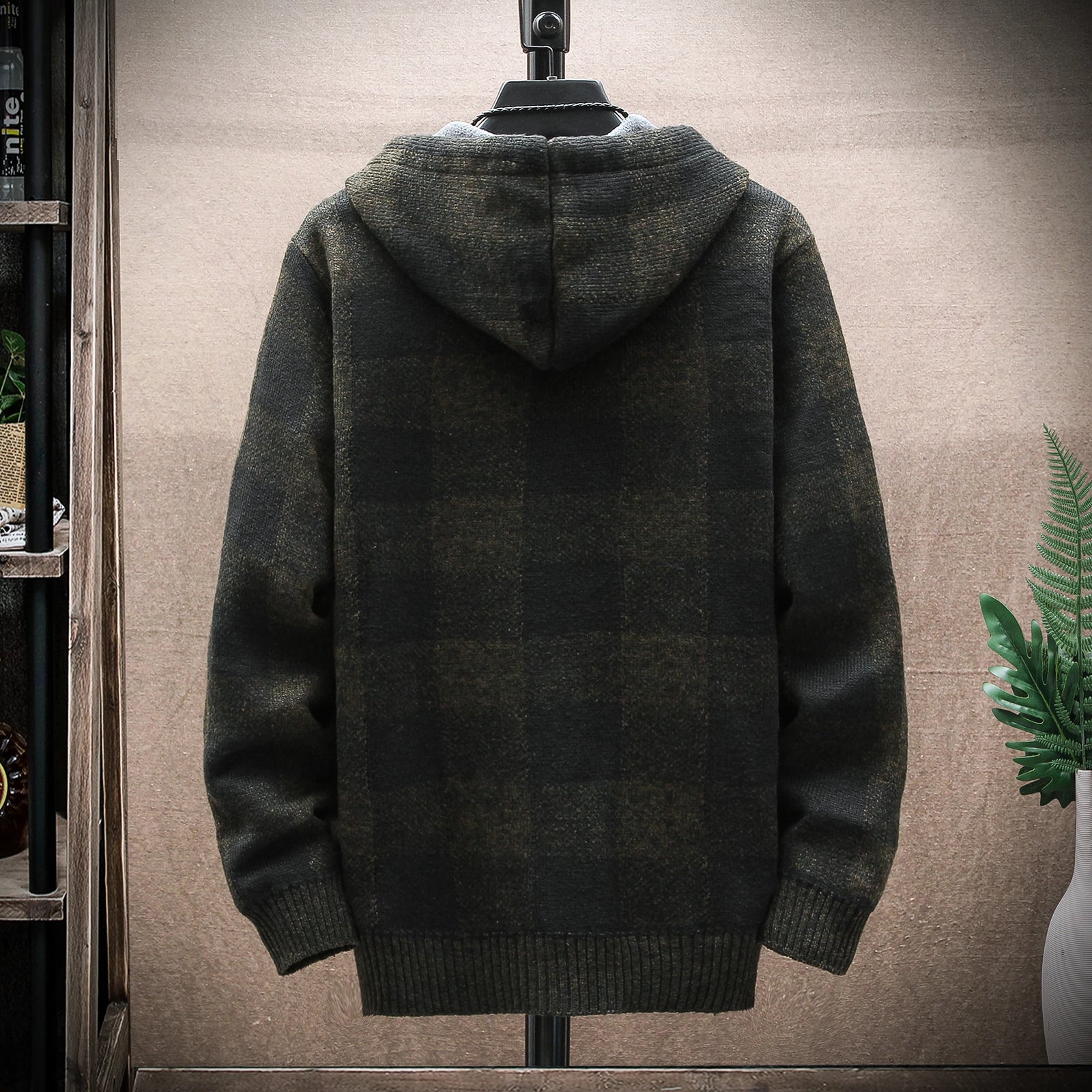 Men's Checked Hooded Zip Front Knit Cardigan