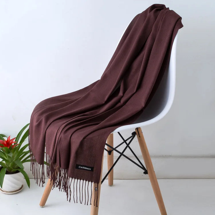 Solid Long Scarf with Decorative Fringed End Trim