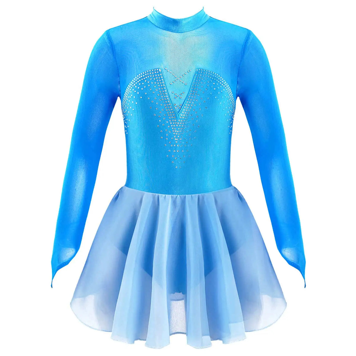 Girls' Long Sleeve Ballet Dress with Rhinestone Mesh and Tulle Skirt