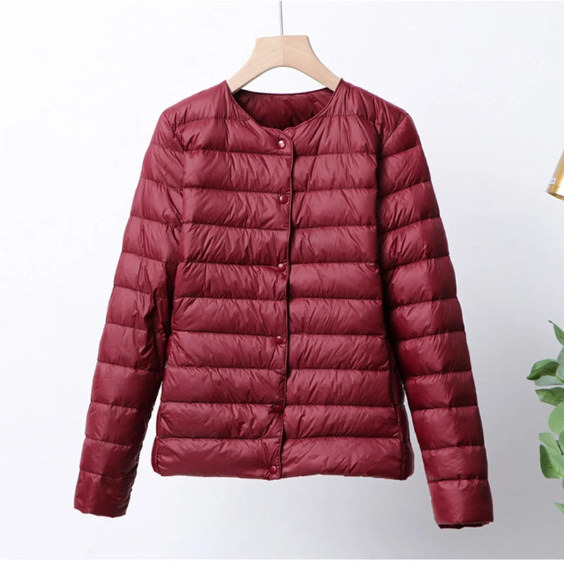 Women's Nylon-Polyester Duck-Down Quilted Long-Sleeve Button-Front Jacket for Casual Everyday Layered Outfits